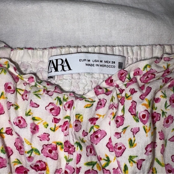 Zara SMALL Off The Shoulder Smocked Mini Dress Floral Linen Blend Cottagecore - Picture 3 of 7